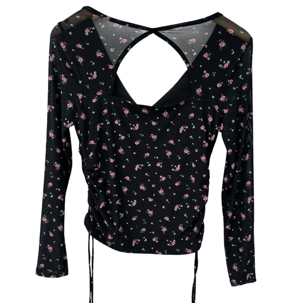 The General Good Top Black Floral Mesh Ruched Whimsigoth Boho Crop Small